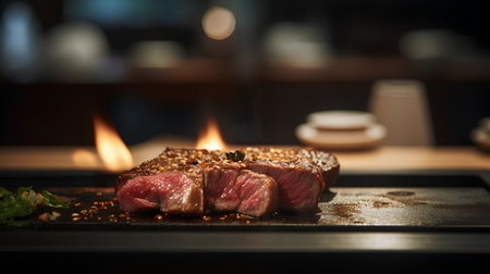 Grilled beef steak on a black plate in a restaurant. Selective focus.の素材
