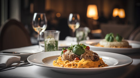 Tasty appetizing classic Italian pasta with a delicious sauce in a restaurantの素材