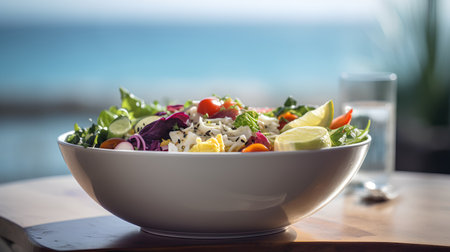 Healthy salad in a white bowl on a wooden table with a blurred backgroundの素材