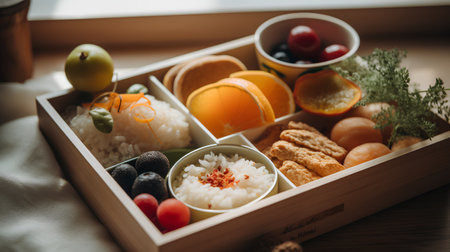 Healthy food in wooden box. Take away of natural organic food concept.の素材