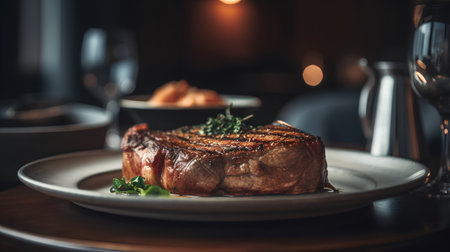 Grilled beef steak on a plate in restaurant. Toned imageの素材