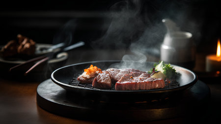 Beef steak on a black plate on a dark background with smokeの素材