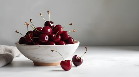 Cherries in a bowl on a white table, selective focusの素材