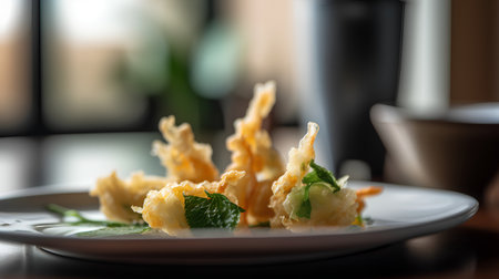 Fried shrimp tempura on a white plate, selective focus.の素材