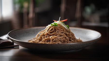 Japanese buckwheat soba noodles with chopsticks on wooden backgroundの素材