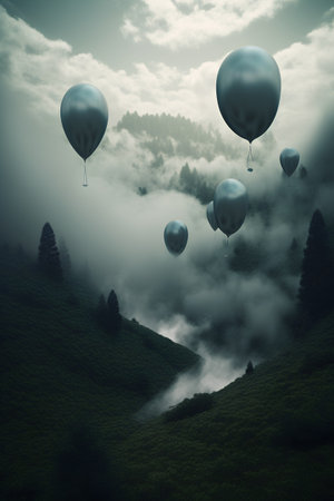 Air balloons flying in the mountains. 3d rendering toned imageの素材