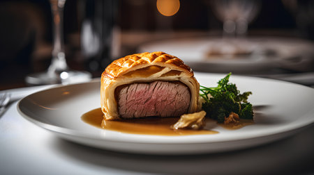 Baked beef tenderloin in puff pastry on white plate.の素材