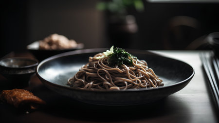 japanese food, buckwheat soba noodles on wooden tableの素材