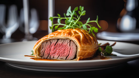 Sliced beef tenderloin in puff pastry on white plateの素材
