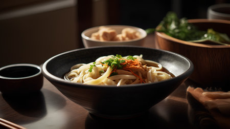Japanese udon noodles in a bowl with chopsticks, selective focusの素材