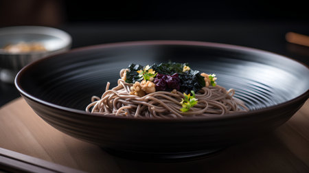 Japanese buckwheat soba noodles with seaweed and walnutsの素材