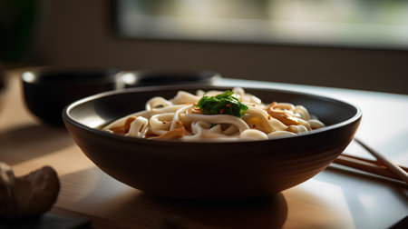 Asian noodles in a bowl on a wooden table, close up.の素材