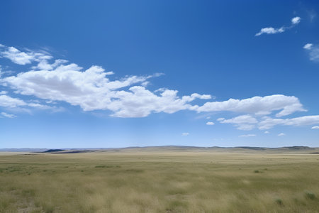 Mongolian steppe under the blue sky with white cloudsの素材