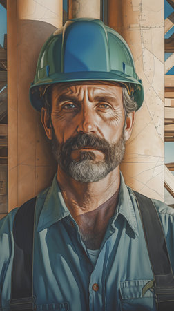 Portrait of an elderly craftsman with a gray beard and mustache on a construction site.の素材