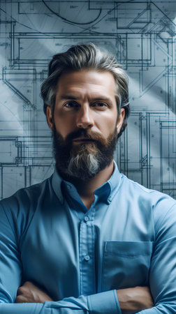 Portrait of handsome bearded man in blue shirt with crossed arms on blue backgroundの素材
