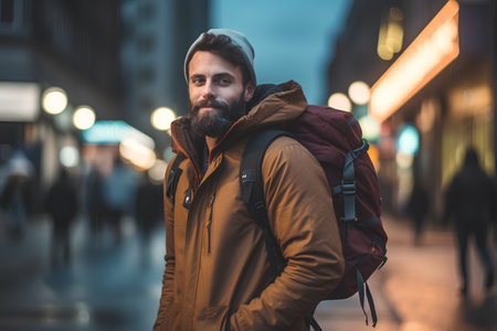 Portrait of a bearded man with a backpack in the city at nightの素材