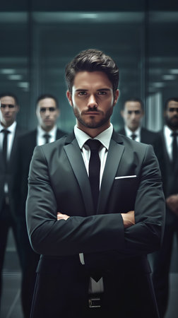 business, people and technology concept - serious young businessman with crossed arms over office backgroundの素材
