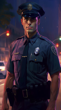 Police officer walking in the city at night. This is a 3d render illustration.の素材