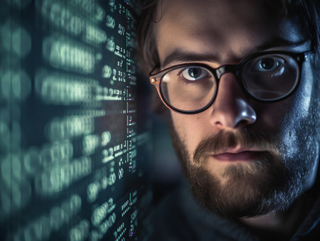 Portrait of a hacker with a beard and glasses on a dark background.の素材