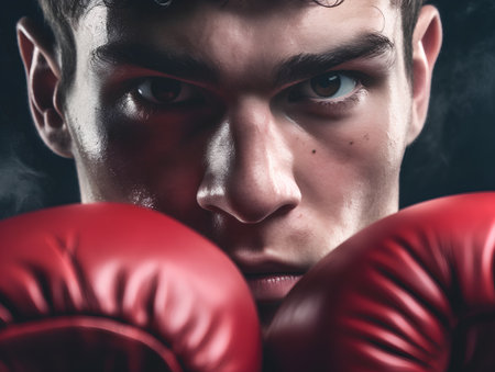 Portrait of a young boxer with red boxing gloves, studio shotの素材