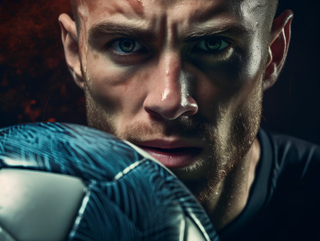 Soccer player with ball on dark background. Close-up.の素材