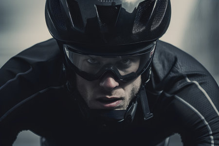 Cyclist in helmet and glasses looking at camera. Closeup portraitの素材