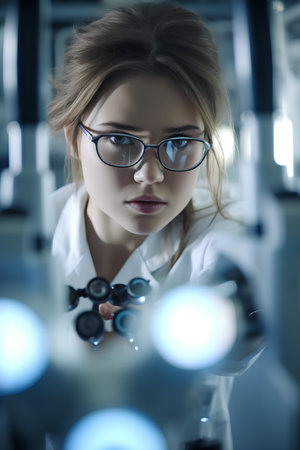 Portrait of a young female scientist working in a laboratory. Biochemistry, genetics, medicine and people concept.の素材