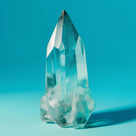 Macro photo of crystal quartz on turquoise background with shadowの素材