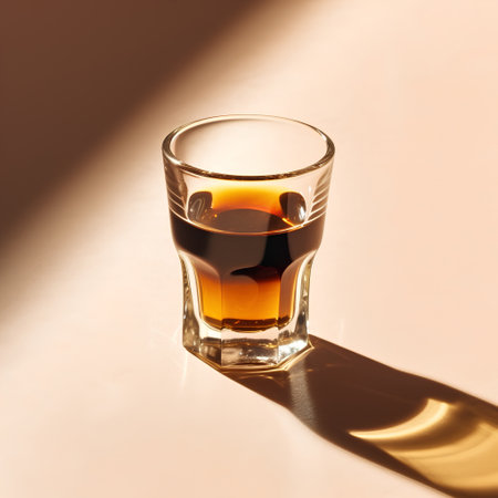 Whiskey in a glass with shadow on a beige backgroundの素材