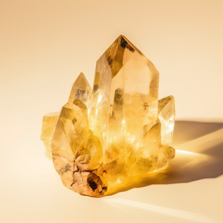 Natural crystal of yellow quartz on a light background. Macro photo.の素材