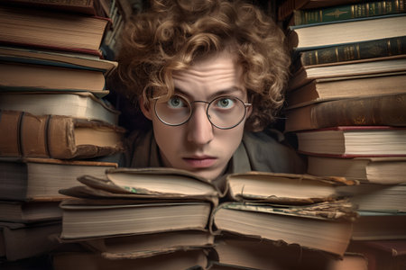 Portrait of a young man with glasses and pile of books.の素材