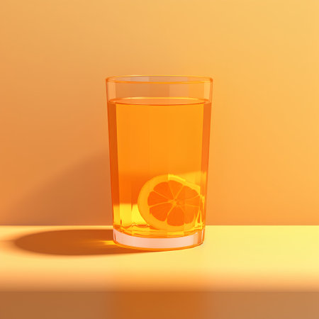 Orange juice in a glass on a yellow background. 3d illustrationの素材