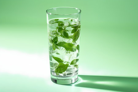 Glass of mojito cocktail with mint leaves on green background.の素材