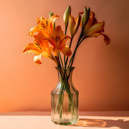 Bouquet of orange lilies in vase on orange backgroundの素材