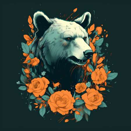 Polar bear in floral wreath on black background. Vector illustration.の素材