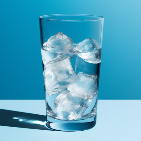 Glass of water with ice cubes on blue background. 3d illustrationの素材
