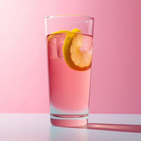 Glass of pink cocktail with lemon and ice cubes on a pink backgroundの素材