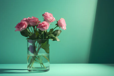 Bouquet of pink roses in a glass vase on green backgroundの素材