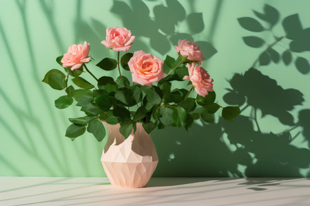 Pink roses in a vase on a green background. 3d renderingの素材