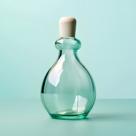 Empty glass bottle with cork on turquoise background. Minimal style.の素材