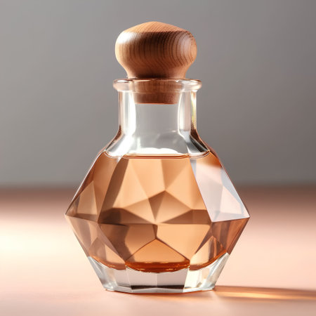 A bottle of perfume with a wooden handle on a light background.の素材