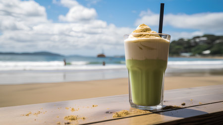 Iced matcha latte with whipped cream on the beach.の素材
