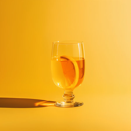 A glass of whiskey with a slice of lemon on a yellow backgroundの素材