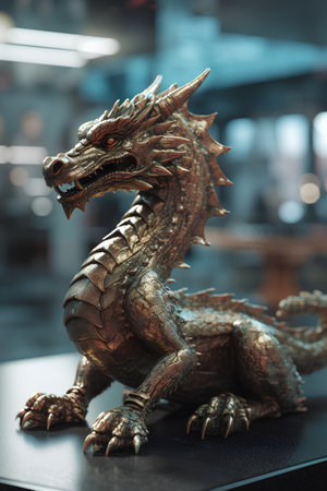 Bronze dragon statue on the table in a museum. Selective focus.の素材