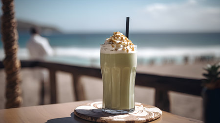 Iced green tea frappe with whipped cream on the beach.の素材