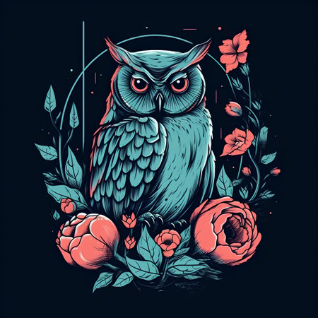 Owl with flowers on a black background. Hand-drawn illustration.の素材
