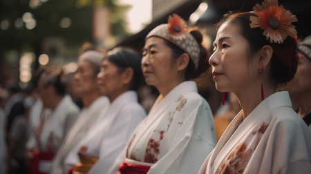 Group of asian women wearing traditional clothes in the street during the annual festival.の素材