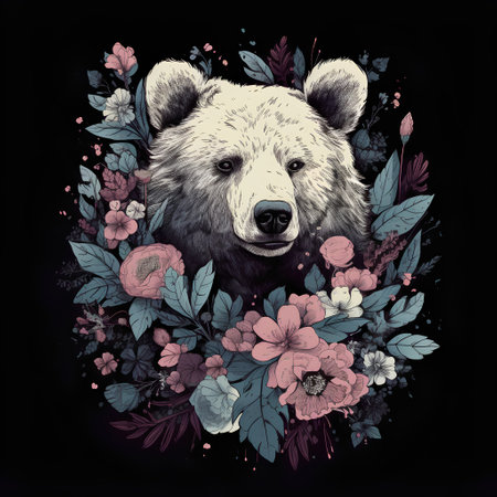 Hand drawn vector illustration with wild bear, flowers and leaves. Wild animal.の素材
