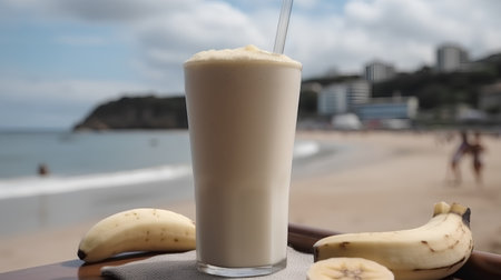Banana smoothie in a glass on the beach with sea backgroundの素材