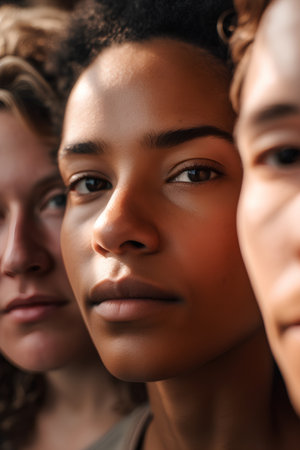 Close-up portrait of three multiethnic women with different skin colorsの素材
